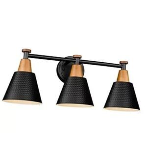 Three-Light Black and Wood Vanity Lantern